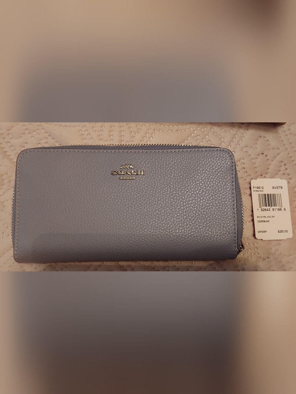 New COACH Pebbled Zip Around Wallet - Steel Blue